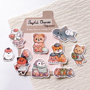 Paquete de pegatinas Joyful Plushies / Conjunto de 9 pegatinas de vinilo / Diseños originales de mofuseasons / Impermeable, Computadora portátil, Álbum de recortes, Diario