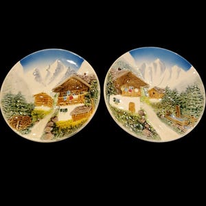 Vtg Western Germany Alpine Decorative Embossed Collector&#39;s Plates Hand Painted