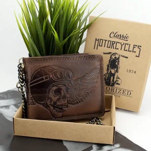 Cartera de cuero con diseño de calavera para hombre, monedero de cuero marrón para motociclista