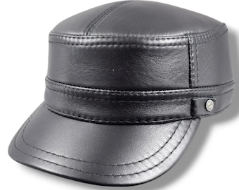 Stylish leather men&#39;s cap Demi-season cap Black leather cap with lining