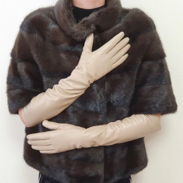 Leather gloves with "Touch Screen" coating Women's winter leather gloves Color - beige Evening gloves Long leather gloves