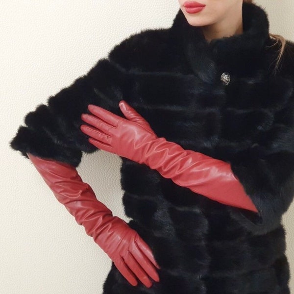 Leather gloves with "Touch Screen" coating Women's winter leather gloves Color - Red All sizes Evening gloves Long leather gloves