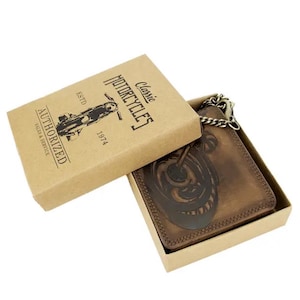 Cartera de cuero para hombre con diseño de motocicleta, monedero de cuero marrón estilo motero