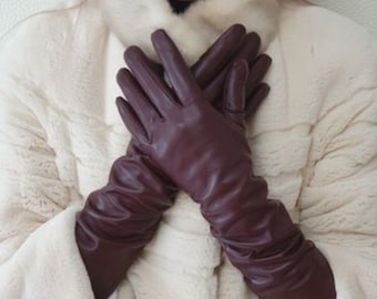 Leather gloves with "Touch Screen" coating Women's leather gloves Color - burgundy All sizes Evening gloves Long gloves