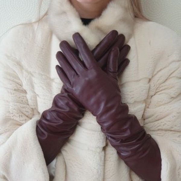 Leather gloves with "Touch Screen" coating Women's leather gloves Color - burgundy All sizes Evening gloves Long gloves