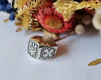 Sterling Silver Ukrainian Trident Ring, Men's & Women's 925 Band