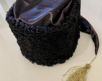 Cossack Papakha Hat: Black Astrakhan Faux Fur, Satin Top