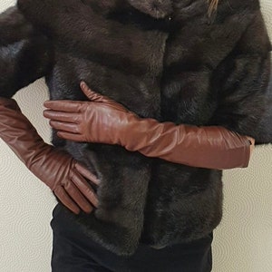 Leather gloves with &quot;Touch Screen&quot; coating Women&#39;s winter leather gloves Color - Brown All sizes Evening gloves Long leather gloves