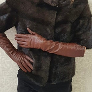 Leather gloves with "Touch Screen" coating Women's winter leather gloves Color - Brown All sizes Evening gloves Long leather gloves