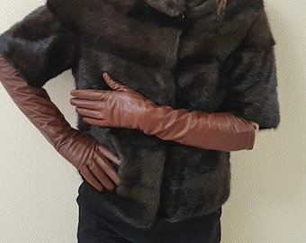 Leather gloves with "Touch Screen" coating Women's winter leather gloves Color - Brown All sizes Evening gloves Long leather gloves