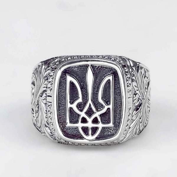 New men's silver ring All sizes Ukrainian ring with a trident Ring with the coat of arms of Ukraine Sterling silver 925