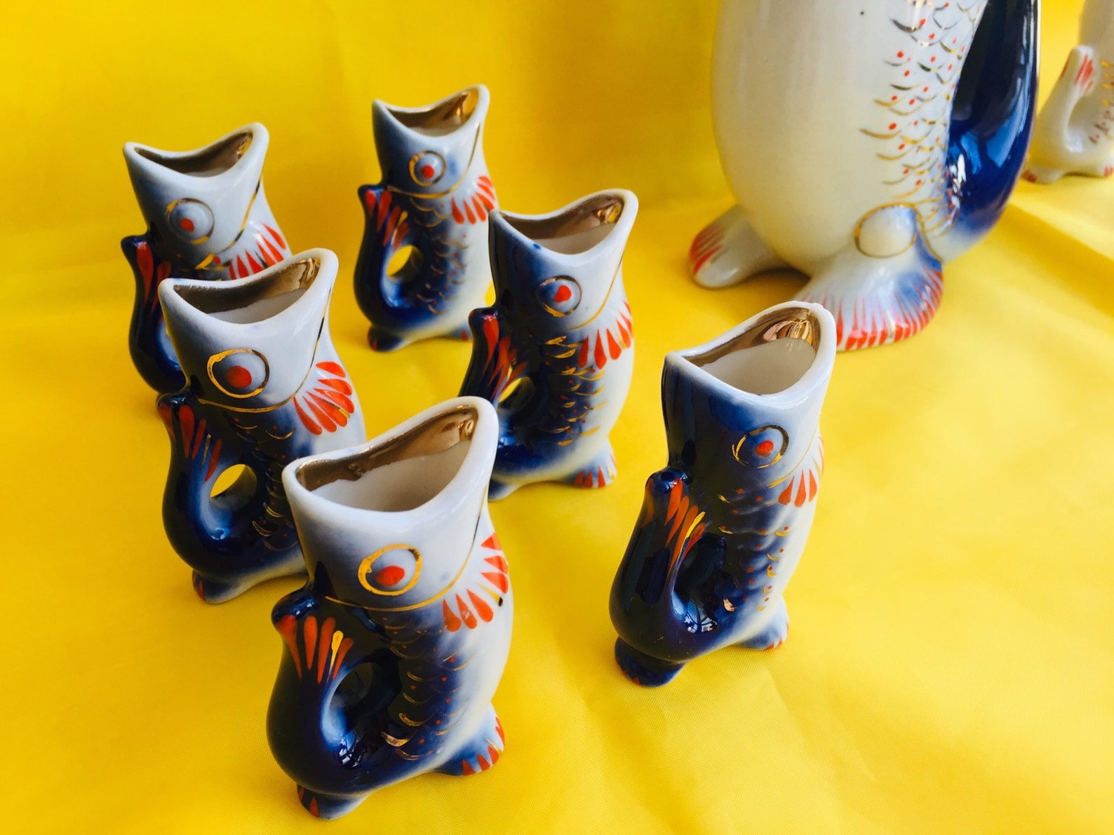 Fishglasses Vintage porcelain set of decanter and 10 glasses Etsy