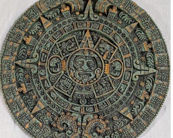 Vintage Azteken-Sonnenstein-Wandrelief - Malachit-Stil Inlay - 29 cm