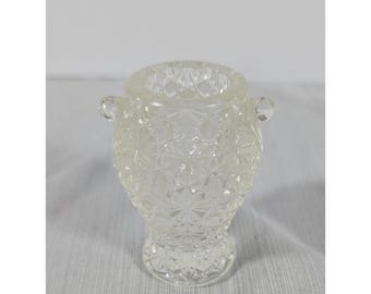 Palillero de cristal transparente con diseño vintage de margaritas y botones, con dos asas.