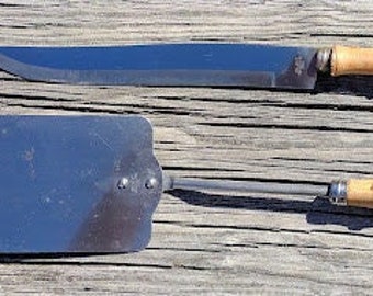 Vintage "Valiant" Barbecue or Grilling Tools, Bamboo Handles, Carving Knife and Spatula, Stainless Steel, Japan, c. 1960s
