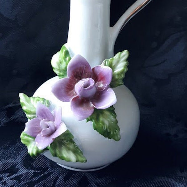 Vintage Porcelain Ewer Bud Vase, with Purple Capodimonte Flowers, 'December' on Neck
