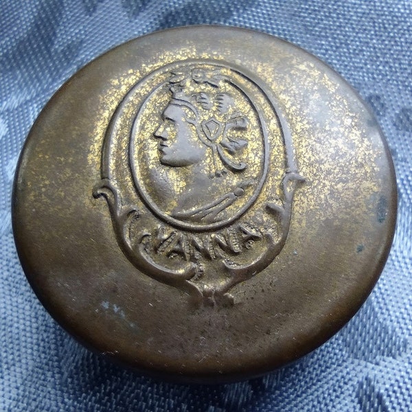 Vintage Compact, or Pill Box, With Felt Pad, 'Vanna', Embossed Design, Copper with Worn Brass Coating, c. 1930s