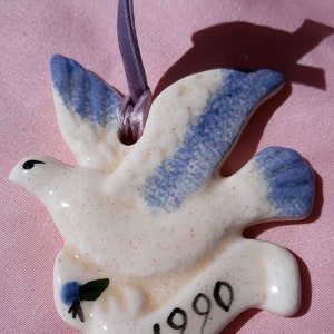 Vintage Hand-Painted Avon Ceramic Ornament, Flying Bird, Ribbon Hanger, 1990