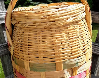 Vintage Hand-Woven Lidded Basket with Handle, Bamboo, Wood and Wicker