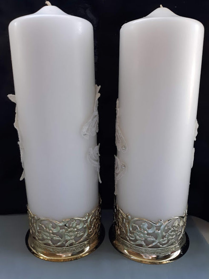 Pair of Large White Pillar Candles With Lace and Flowers Etsy