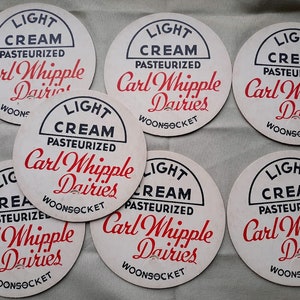 Vintage Lot of Seven (7), Dairy Memorabilia, Cardboard Lids, NOS, &#39;Carl Whipple Dairies, Woonsocket&#39; Rhode Island, c. 1950s