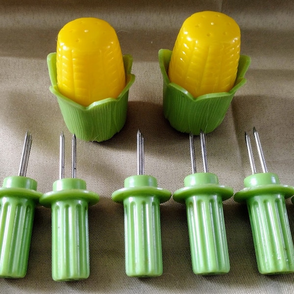 Vintage Plastic Serving Accessories, 'Royal Product', Salt and Pepper Shakers and Seven Corn Cob Spears, c. 1960s