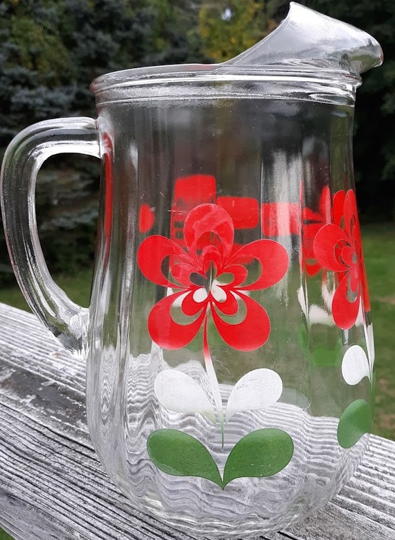 Vintage Handblown Glass Water Pitcher with White Flowers circa