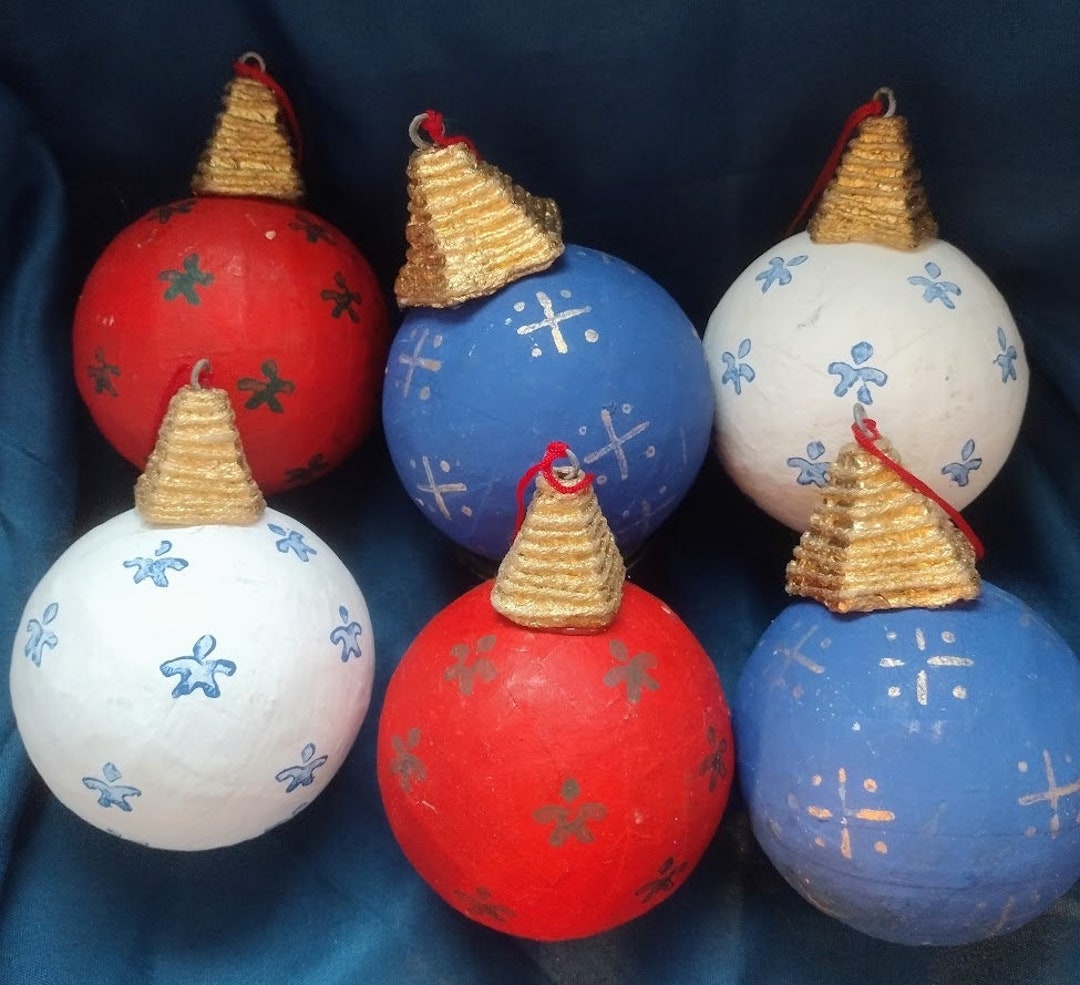 Set of Six (6) Handcrafted Paper Mache Bauble Ornaments, White/red/blue ...