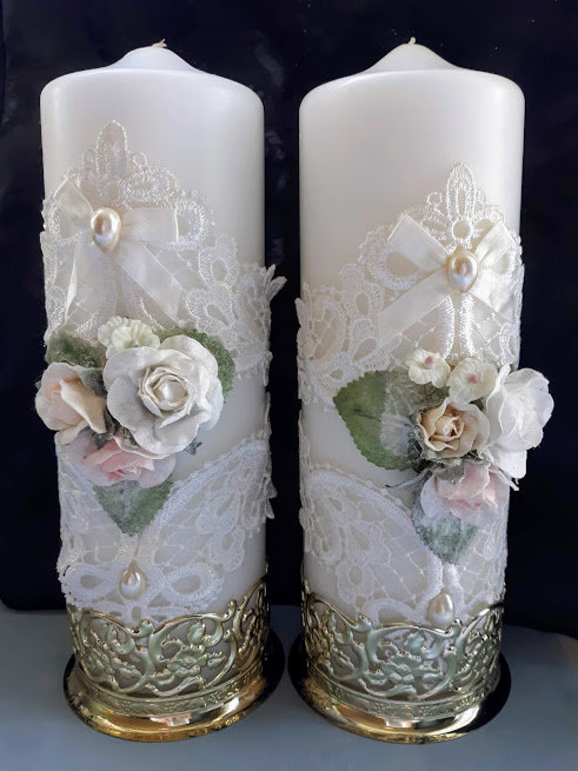 Pair of Large White Pillar Candles With Lace and Flowers Etsy