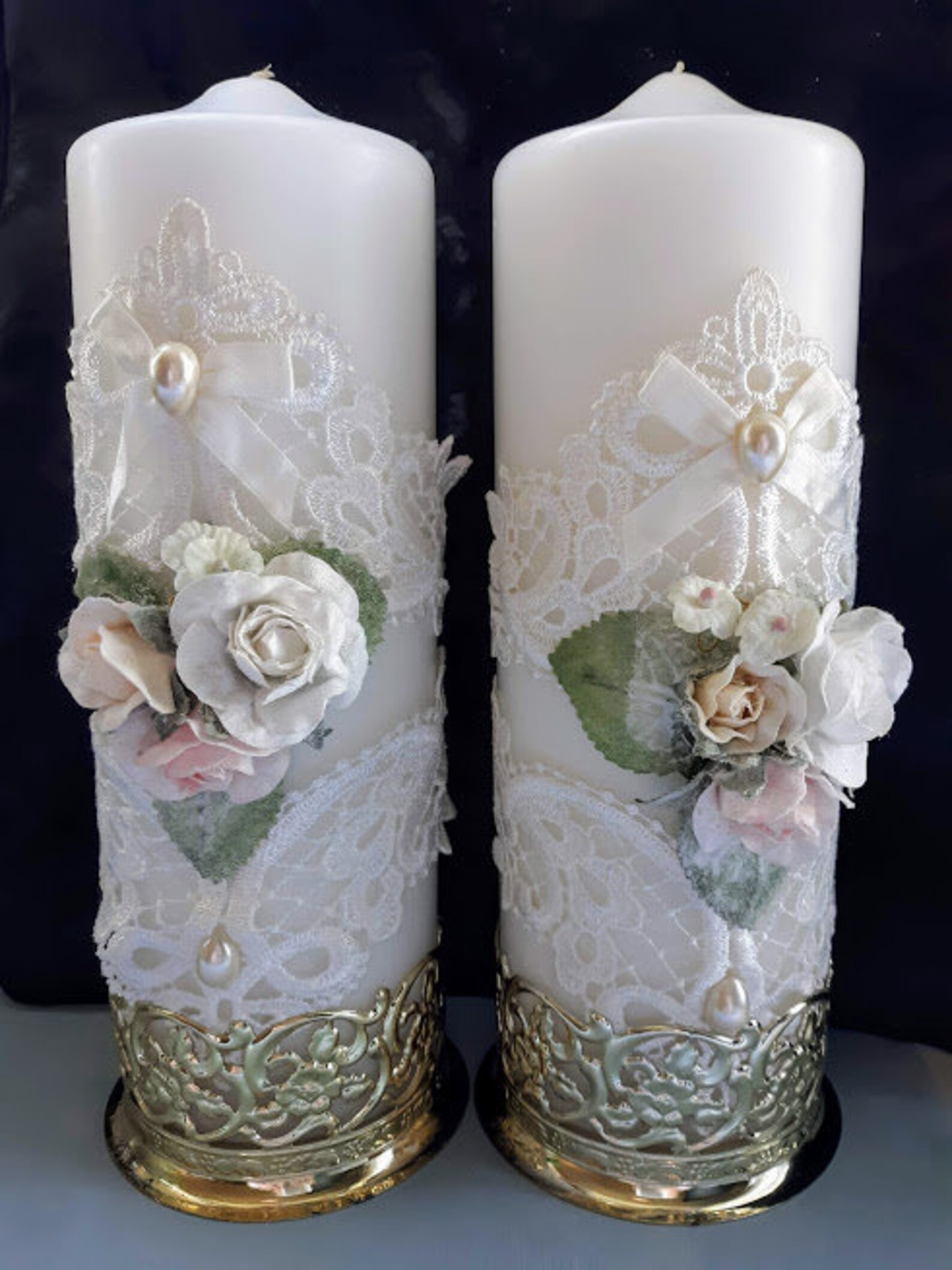 Pair of Large White Pillar Candles With Lace and Flowers Etsy