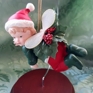 Vintage Flying Elf Ornament and Hanger Stand, &#39;Little Christmas Cheer&#39;, Christmas Around the World, 1991