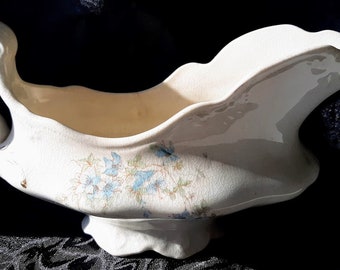 Vintage Porcelain Gravy or Sauce Boat, Blue Flower Transfer Pattern, Unmarked