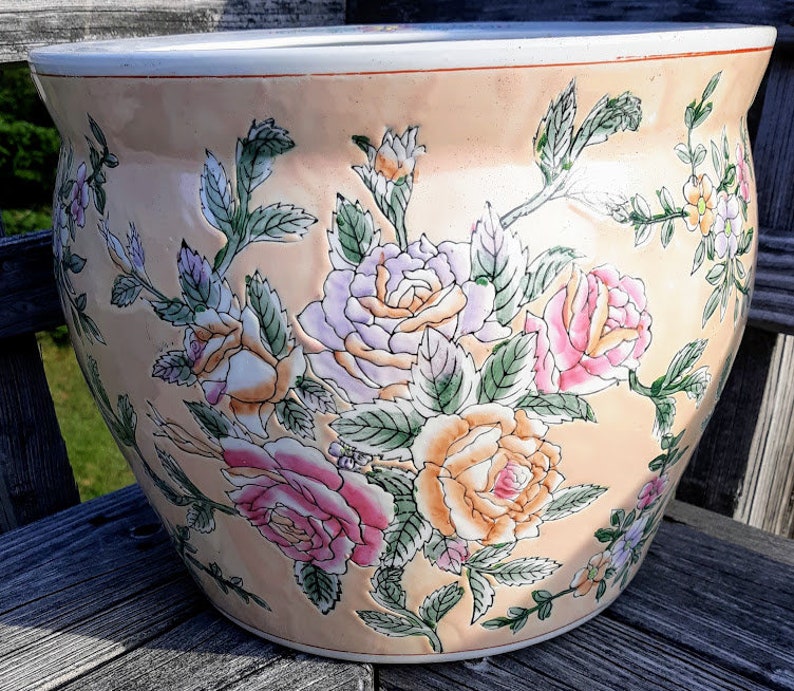Vintage Ceramic Fish Bowl Planter Roses and Koi Fish Lotus | Etsy