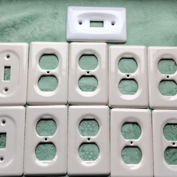 Lot of 11 Pieces Vintage Ceramic Electrical Outlet and Light Switch Covers, Reclaimed, Used, circa 1950s-1970s