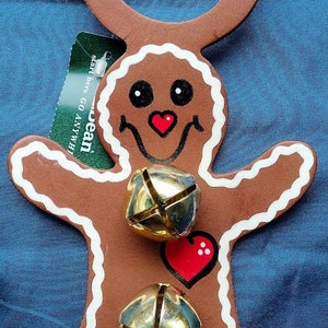 Vintage Leather Gingerbread Man Door Hanger, &quot;Belsnickle Enterprises&quot;, Hand-Painted, Brass Bells, Sold by LL Bean, c. 1999-2000s