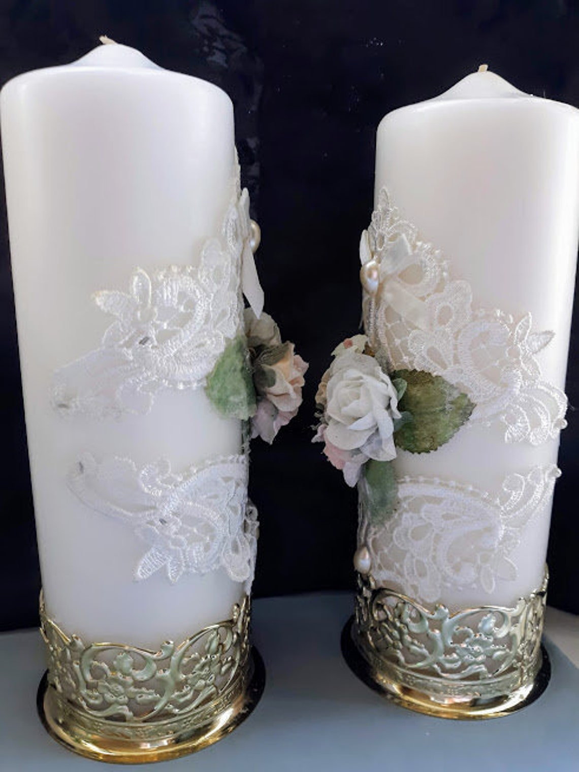 Pair of Large White Pillar Candles With Lace and Flowers Etsy