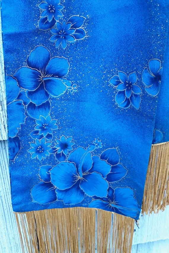 Vintage Royal Blue Floral Print Opera Scarf with G