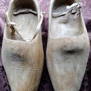 Vintage Pair Handcrafted Wooden Clogs, With Carved Design, One Cushion Pad, Pre-Owned/Used
