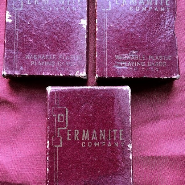 Lot of Three Vintage Boxed 'Permanite Washable Plastic Playing Card' Decks, Three Different Deck Designs, c. 1950s-1960s