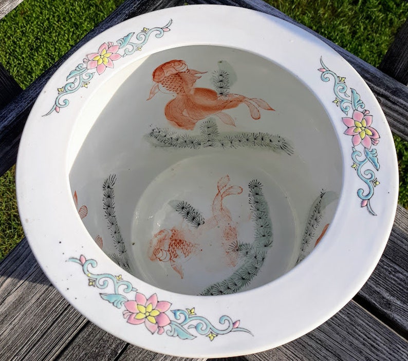 Vintage Ceramic Fish Bowl Planter Roses and Koi Fish Lotus - Etsy Finland
