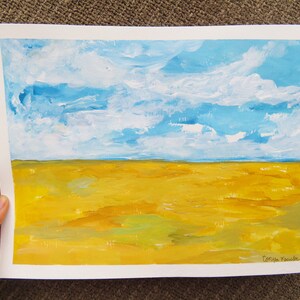 Original Acrylic Autumn Wheat Field Landscape painting 9 x 12 on watercolor paper, Landscape Illustration