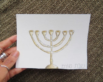 Original Watercolor Painting Menorah illustration, 7 branch, drawing, 4.5 x 6