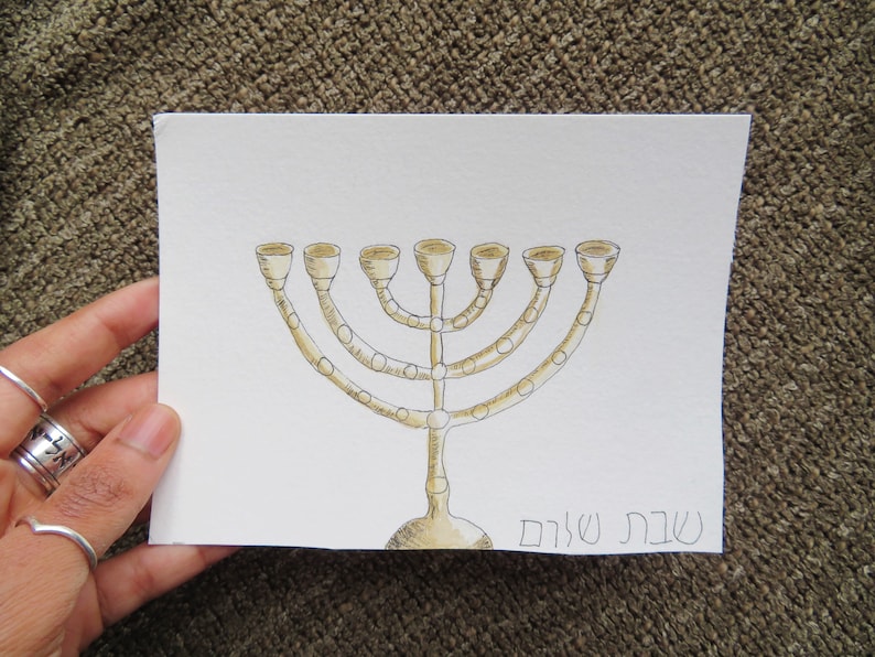 Original Watercolor Painting Menorah illustration, 7 branch, drawing, 4.5 x 6 image 1