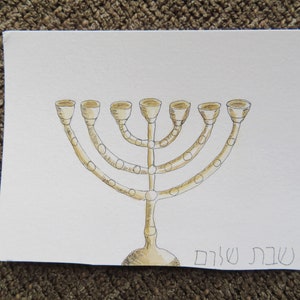 Original Watercolor Painting Menorah illustration, 7 branch, drawing, 4.5 x 6 image 2