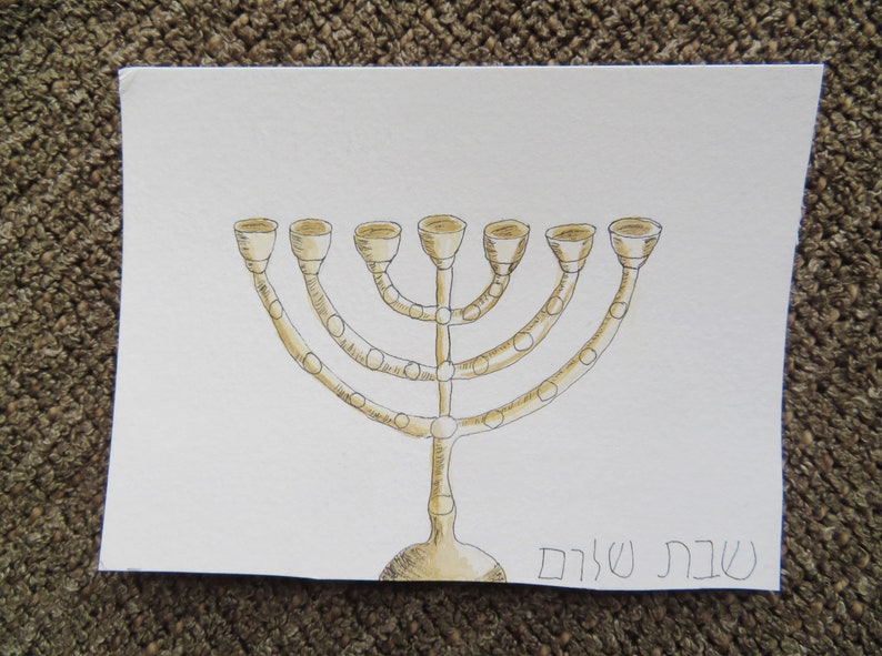 Original Watercolor Painting Menorah illustration, 7 branch, drawing, 4.5 x 6 image 2