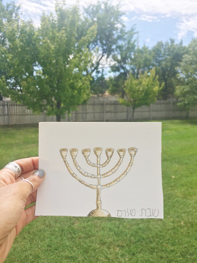 Original Watercolor Painting Menorah illustration, 7 branch, drawing, 4.5 x 6 image 3