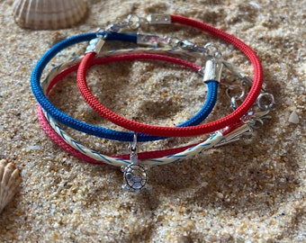 Bracelet en lin kitesurf • upcycling • bicolore • surf • bleu - blanc - rouge • eau • surfeur • soleil • bijoux d'été • vague • cadeaux