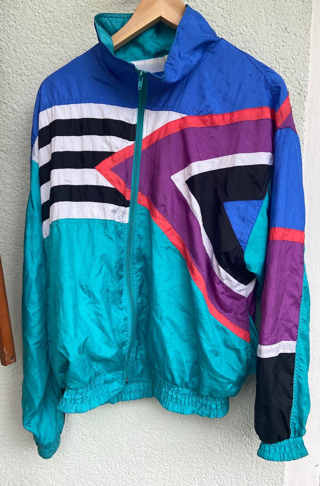 Original Vintage Retro 80s Windbreaker Jacket in Turquoise/pink/blue