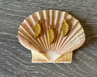 Könnte beinhalten: Drei goldfarbene Blattanhänger werden auf einer natürlichen Muschelschale präsentiert. Die Schale ist beige mit rosa und weißen Streifen. Der Hintergrund ist eine dunkle Holzmaserung.