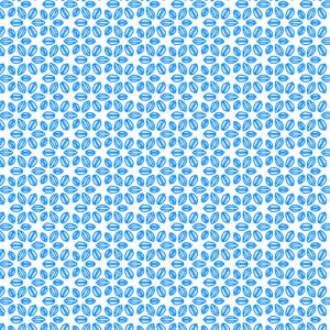 Puede incluir: Un patrón geométrico repetitivo con contornos de color azul brillante de formas florales estilizadas sobre un fondo blanco nítido. El diseño consiste en formas similares a pétalos interconectadas dispuestas en una cuadrícula.